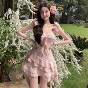 游泳衣女甜妹樱花粉连体裙式 保守学生遮肉显瘦小胸聚拢泡温泉度假