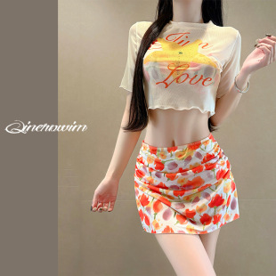 泳衣女款 印花比基尼钢托聚拢性感度假温泉泳衣女士 分体四件套时尚