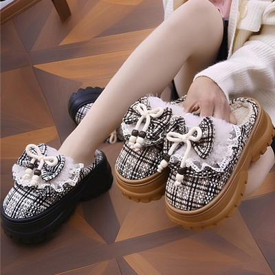 2025冬季新款小香风蝴蝶结包头棉鞋女居家保暖厚底月子鞋软底棉拖