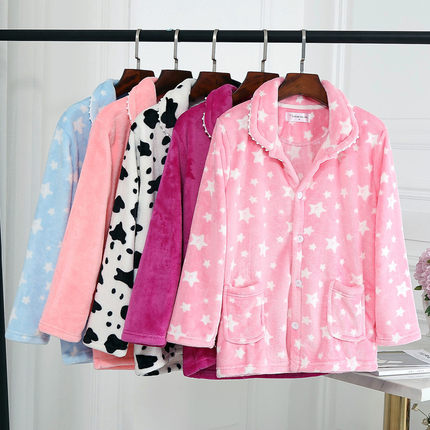 女秋冬季法兰绒上衣睡衣家居服加大码珊瑚绒保暖加绒加厚单件长袖