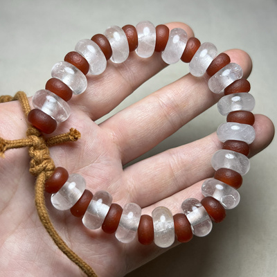 古玩文玩老料白色水晶算盘珠搭配红色橘皮纹老玛瑙珠手串手链