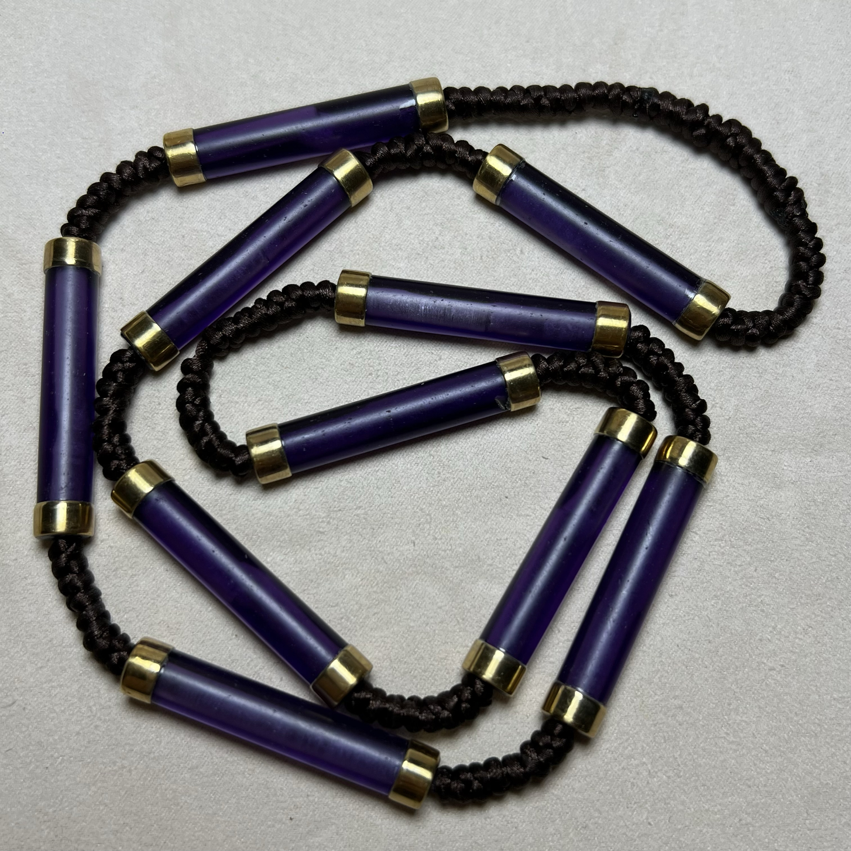 古玩文玩紫水晶鎏金包银长管珠项链手工鎏金镶嵌水晶管项链长串