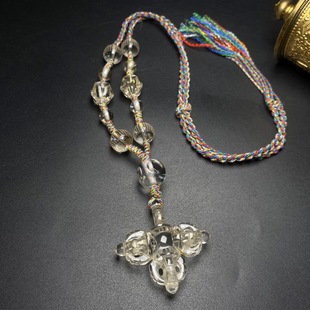 藏区回流老料天然水晶十字金刚杵搭水晶雕刻心经珠编项链毛衣链