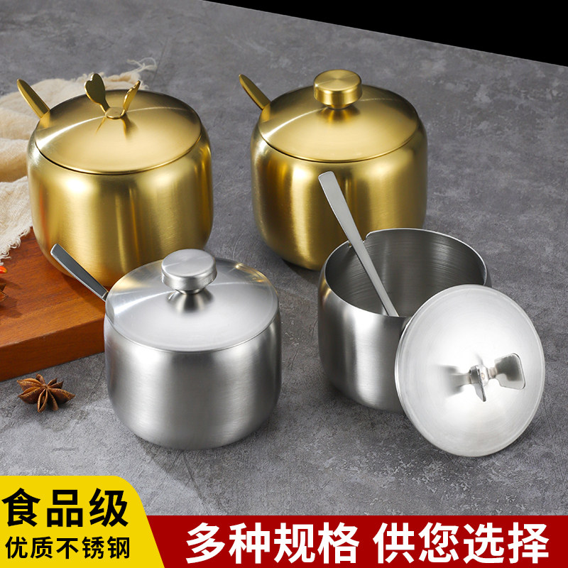韩式不锈钢调味瓶罐厨房辣椒酱油罐盐罐带勺调料盒创意金色罐
