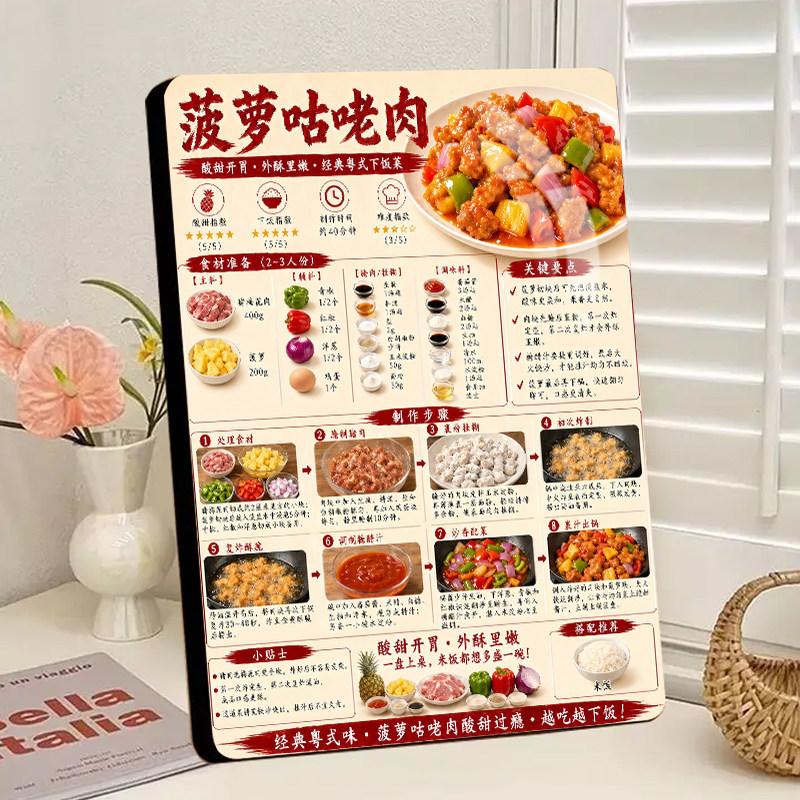 菠萝咕咾肉做法科普相框摆台客厅厨房菜谱复古厨房装饰桌面摆件