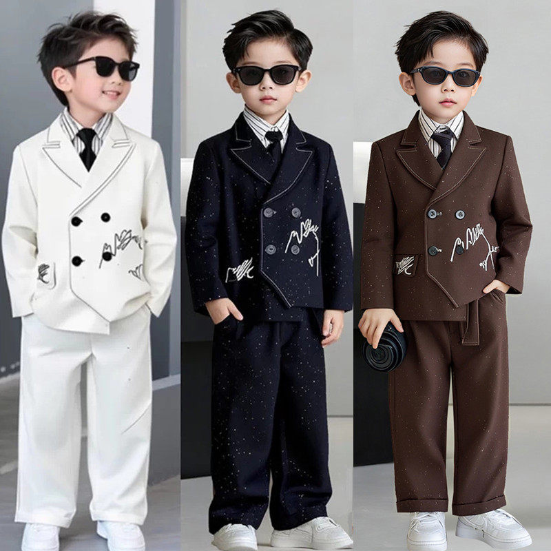 男童西装套装春秋英伦男孩闪亮小西服帅气高端花童男孩走秀演出服