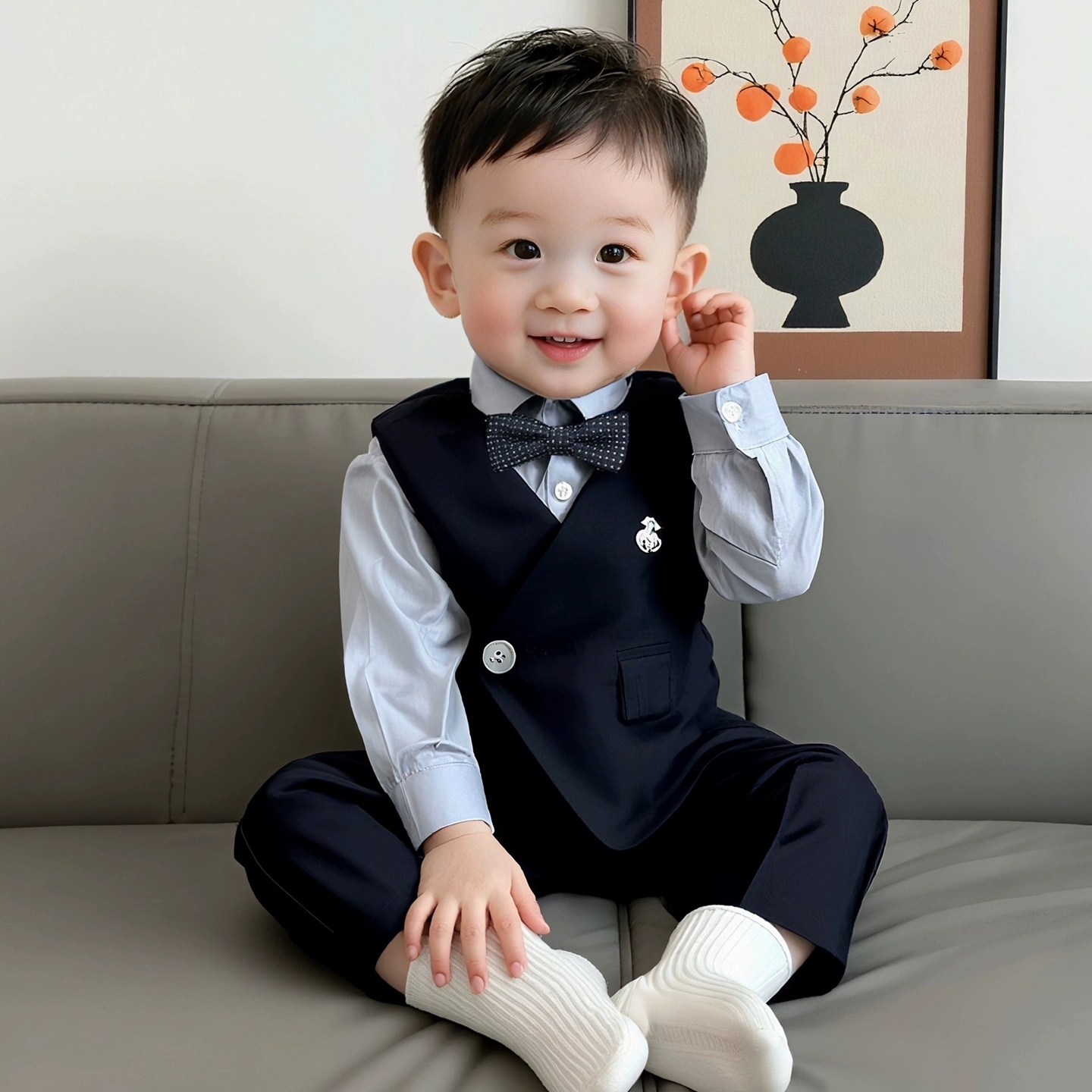 男童西装套装冬加绒周岁生日礼服