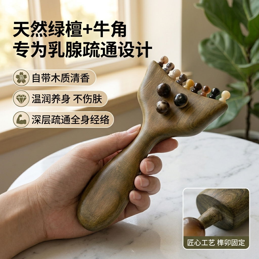 绿檀木牦牛角三排乳腺推腋下淋巴疏通乳腺疏通腿部腰部推拿按摩器