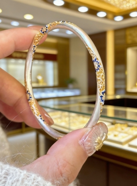 新中式捡秋霜蓝花珐琅手镯女镀银不掉色夸张手环小众设计感高级感