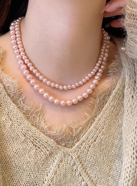 倪妮同款粉色玻璃珍珠项链女秋冬毛衣链气质麻灰色感珍珠颈链配饰