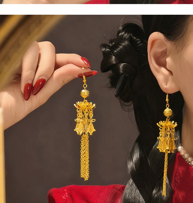 步步生莲~国风金色莲花流苏长款耳坠女款新中式复古汉服旗袍耳环