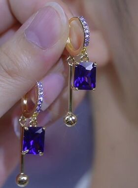 高级感墨紫色方形锆石耳扣耳环女短款设计感网红百搭耳饰时尚耳坠