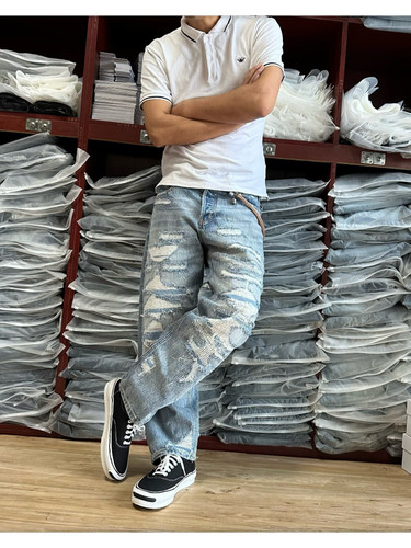 冰蓝刀割牛王 fdmtl mgcs113宽松直筒重磅赤耳破坏水洗男牛仔裤