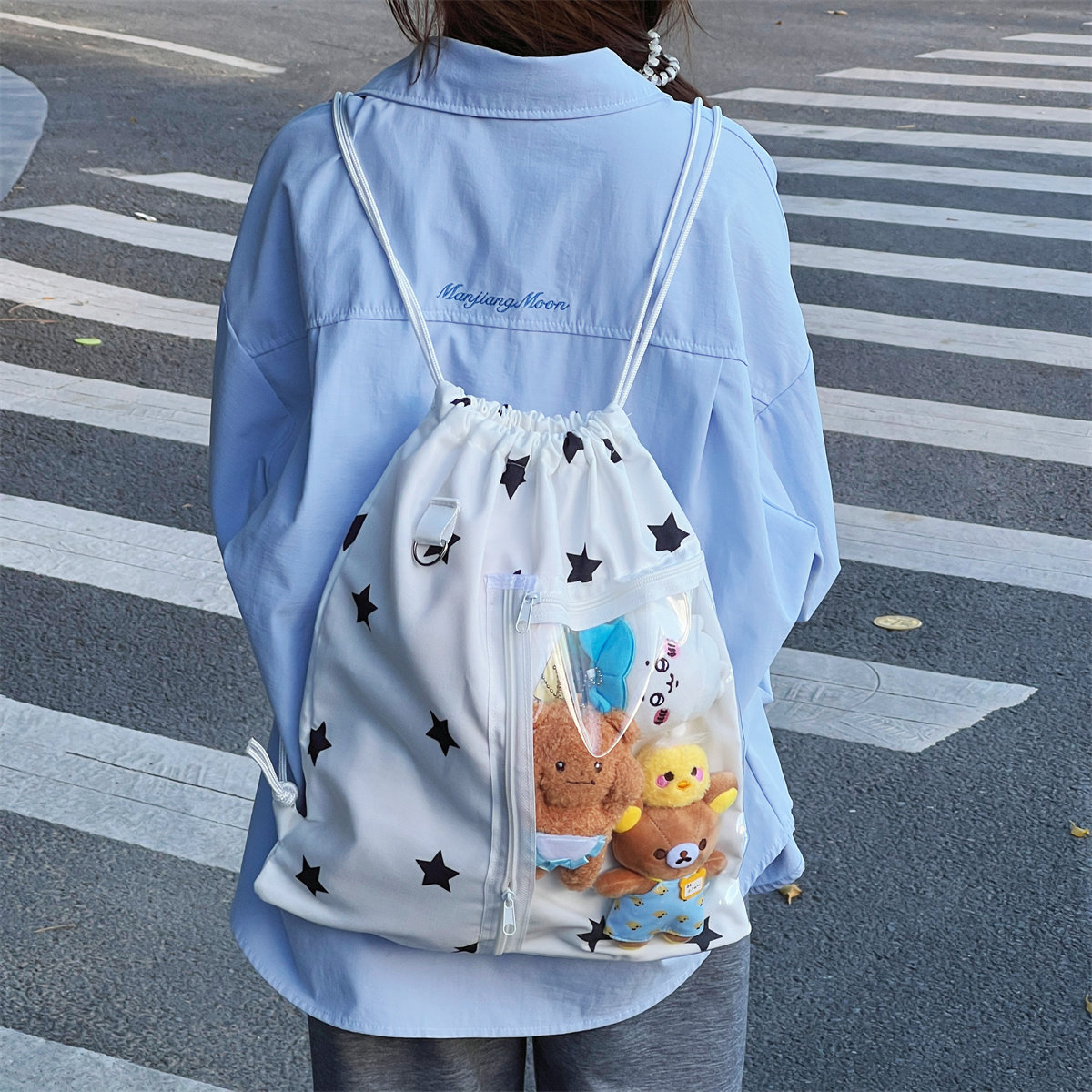 原创星星抽绳痛包小众黑色双肩包简约休闲学生可爱印花大容量背包,箱包皮具/热销女包/男包,痛包,淘宝优惠券,粉丝福利购,淘宝优惠卷