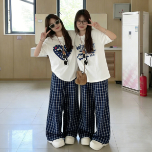 女小个子宽松T恤夏装 姐妹装 短袖 可盐可甜炸街复古格子裤 闺蜜套装