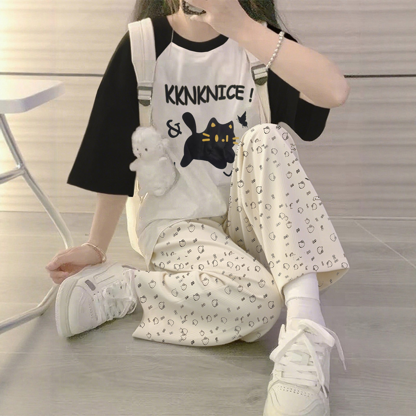 少女初中生夏日冰丝印花裤套装图片