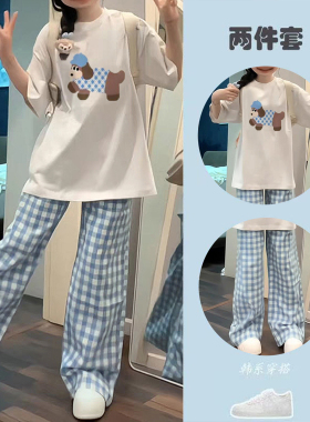 中学生夏季薄款裤子女初中生运动套装韩洋气蓝色格子阔腿裤两件套