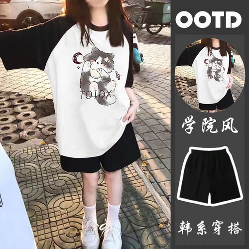 少女甜美风猫咪印花T恤短裤套装
