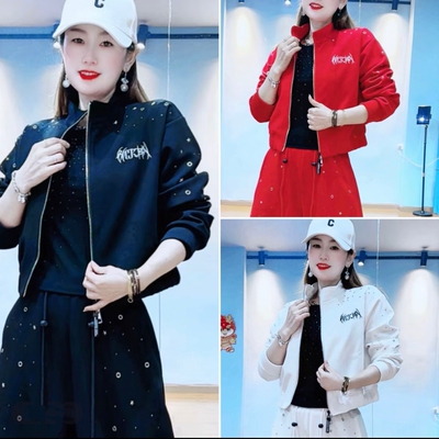 秋冬新款烫钻拉链开衫短外套