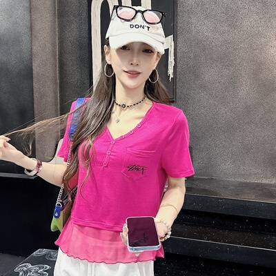 夏季新款弹力棉拼接网纱T恤上衣