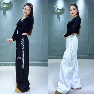 显瘦百搭运动广场曳步舞长裤 2602春秋新款 银丝烫钻编带宽松阔腿裤