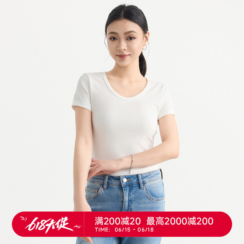 墨麦客女装莱卡棉大圆领修身短袖2026夏新款正肩多色t恤女10271.