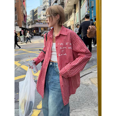 more有熊衬衣女韩版宽松格子衬衫女长袖百搭显瘦减龄学院风上衣