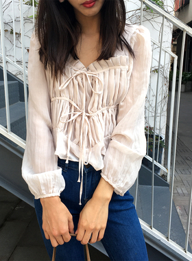 2021新款女装雪纺小衫女百搭系带显瘦宽松长袖衬衣纯色套头衬衫