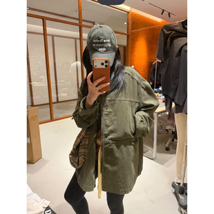 工装风军绿色立领外套女宽松显瘦中长款收腰风衣老钱风上衣