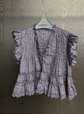 2026新款女装宽松苎麻复古V领荷叶边短袖衬衫女波点显瘦减龄上衣