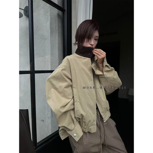 有熊MORE外套女秋季韩版复古翻领宽松长袖夹克时尚拼色上衣3278