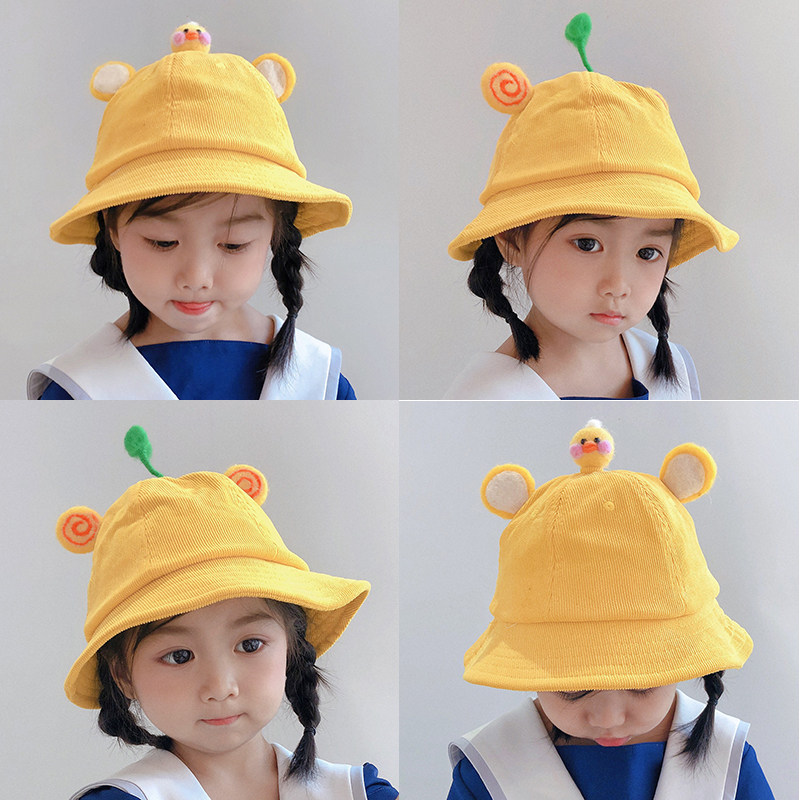 婴儿宝宝帽子春夏儿童渔夫帽男女童卡通可爱豆芽盆帽灯芯绒小黄帽