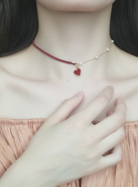 怦然心动红色爱心颈链锁骨链女超仙珍珠网红项链choker情人节礼物