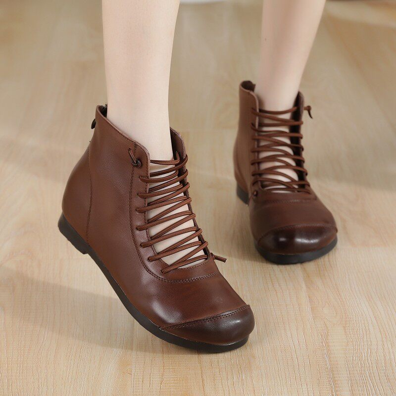 561春秋复古风交叉绑带短靴女真皮圆头低跟休闲凉靴棕色高帮凉鞋