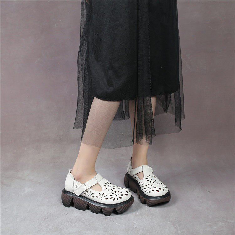335木森鸟真皮镂空洞洞鞋女厚底松糕休闲鞋透气小白鞋