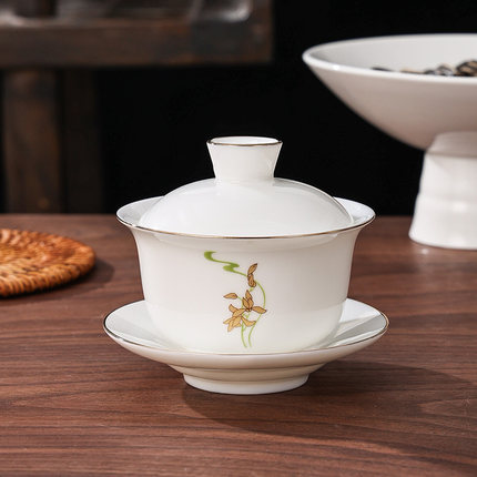 盖碗三才单个羊脂玉德化白瓷功夫茶碗带盖大号茶杯陶瓷家用泡茶具