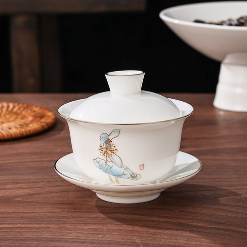 单个盖碗羊脂玉白瓷泡茶