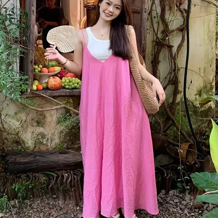 vinonita粉色露背长裙海边度假