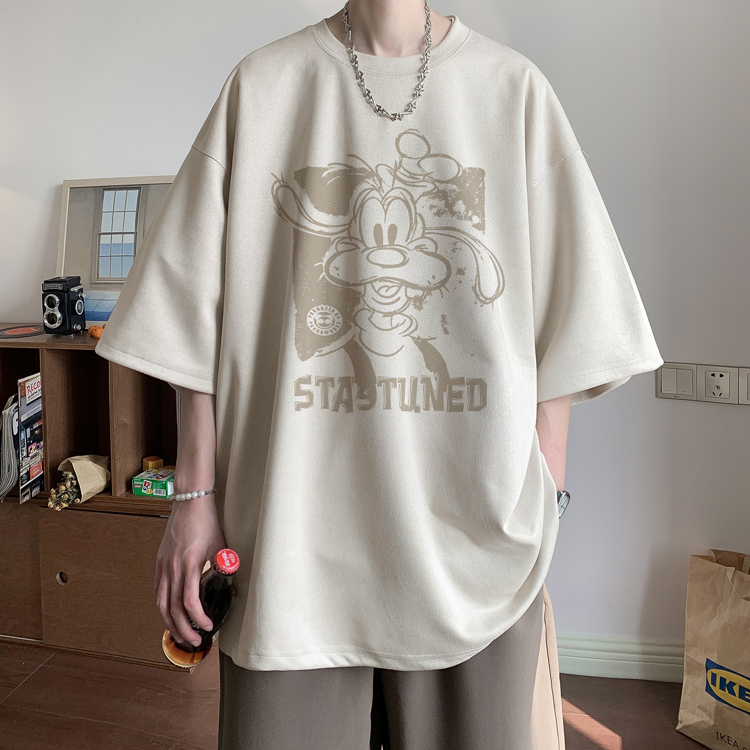 米色短袖情侣T恤麂皮绒烧花上衣DT2556/P25控39，男装T恤，电商C413