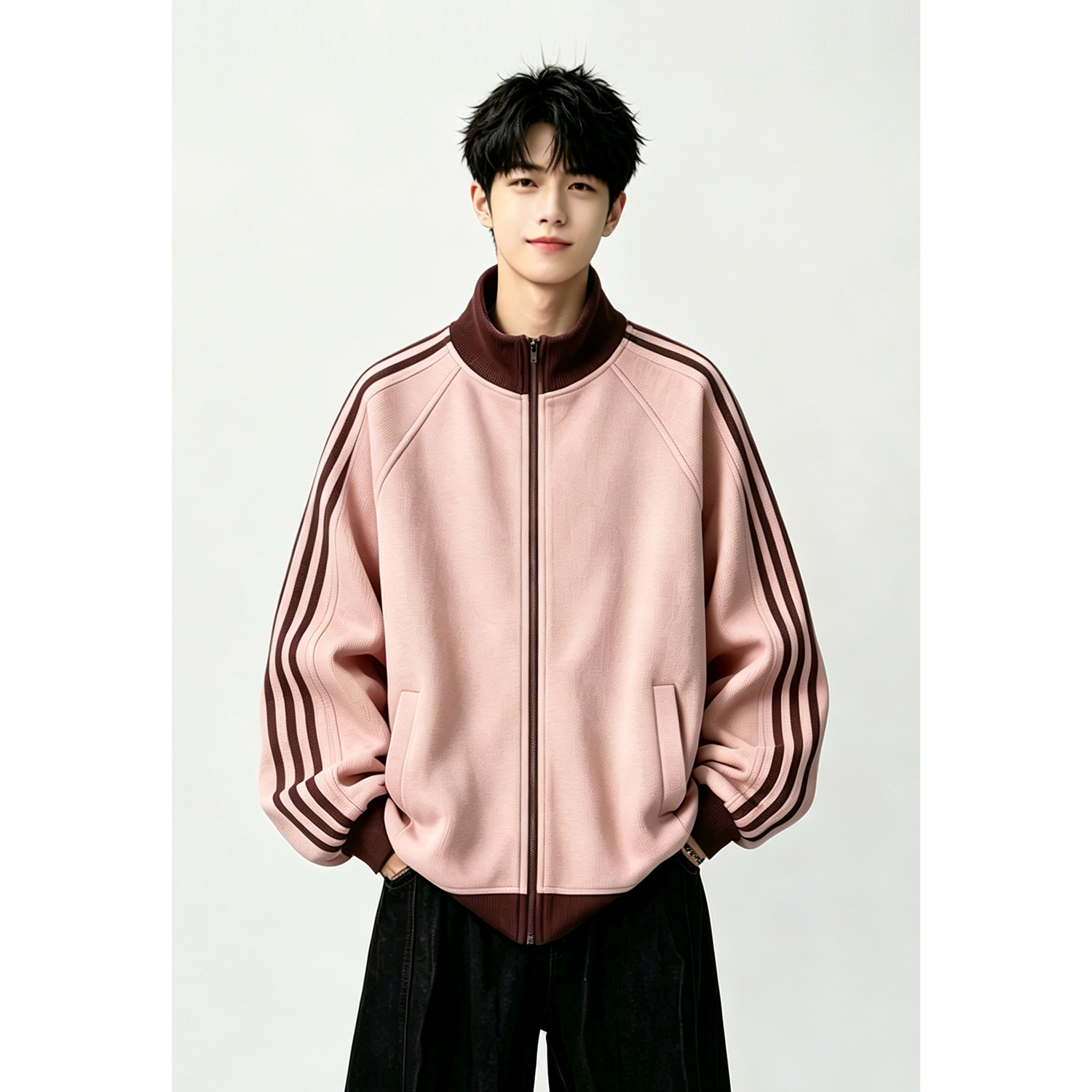男模粉色双拉链华夫格立领卫衣开衫情侣夹克外套 JK26908/P35
