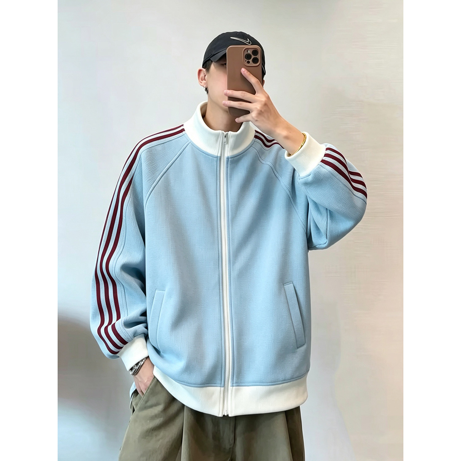 自拍蓝色双拉链华夫格立领卫衣开衫情侣夹克外套 JK26908/P35