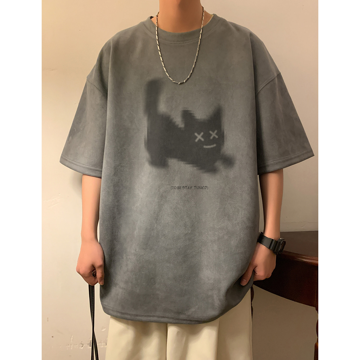 麂皮绒小猫烧花情侣T恤 深灰色 T386/特批25 控38图片