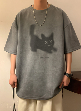 麂皮绒小猫烧花情侣T恤 深灰色 T386/特批25 控38