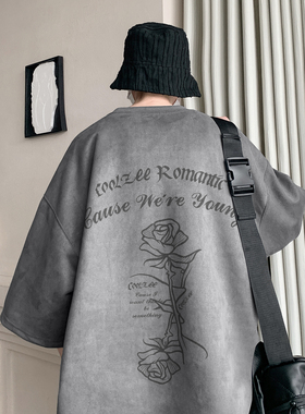 潮牌麂皮绒玫瑰花烧花T恤 深灰色 T334/特批25 控38