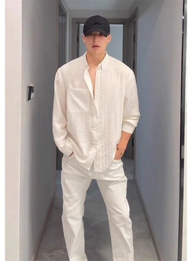 LL男装衬衫男长袖高级感痞帅休闲宽松2026新款白色棉亚麻上衣潮流
