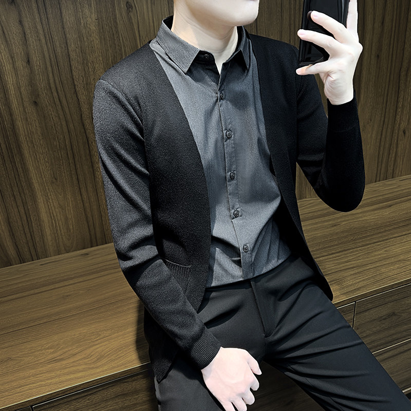 LL男装男士毛衣春秋开衫2026新款外套假两件商务针织衫修身衬衫领