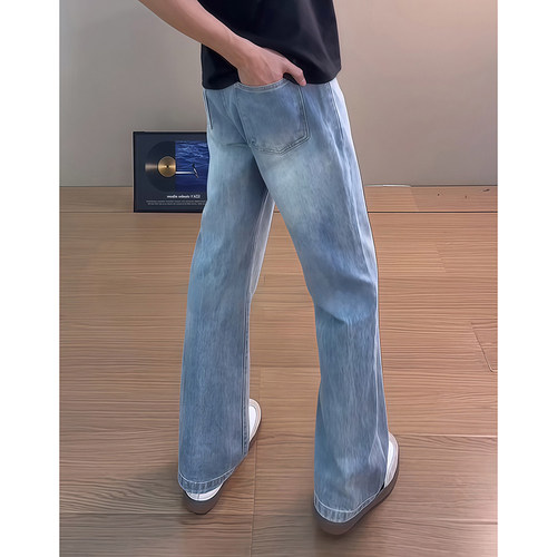 复古蓝高腰微喇牛仔裤男夏
