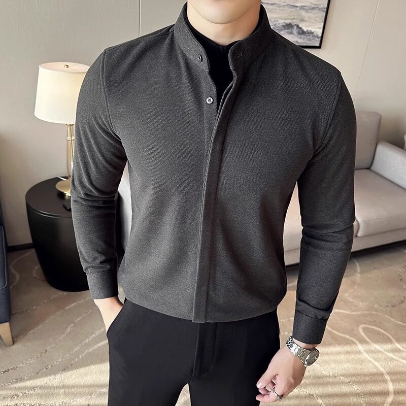 LL男装假两件半高领毛衣衬衫男士长袖修身加厚毛呢立领西装打底衫