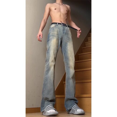 牛仔裤男中高腰复古蓝高个子微喇