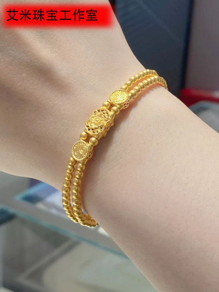 周大福女足金黄金双层手链牡丹